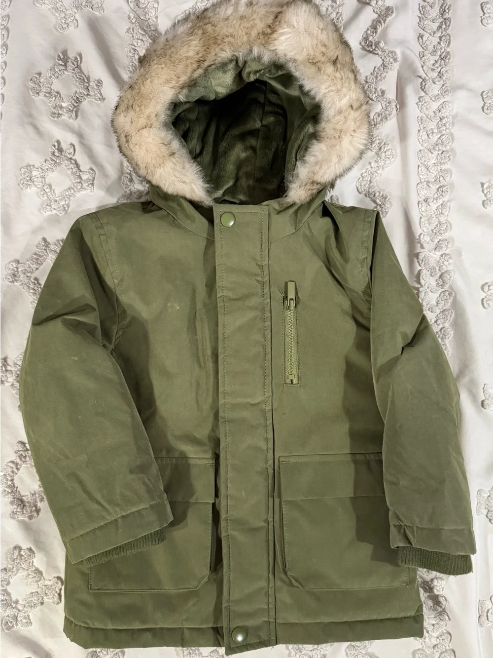 Primark Olive Green Hooded Puffer Coat with Faux Fur Trim